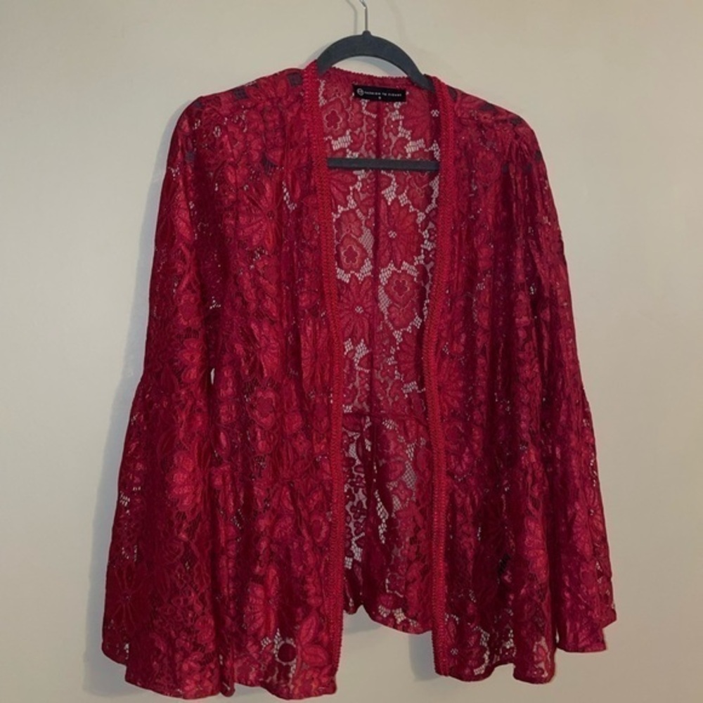 Fashion to Figure Lace Sheer Blouse Burgundy Size 12